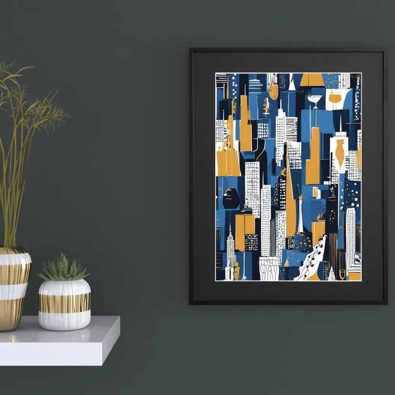ニューヨークの摩天楼をブルーとイエローで描いた抽象的アートポスター『Abstract NYC』Fancy Art Select｜都会的でスタイリッシュなイラスト