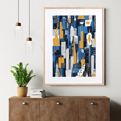 ニューヨークの摩天楼をブルーとイエローで描いた抽象的アートポスター『Abstract NYC』Fancy Art Select｜都会的でスタイリッシュなイラスト
