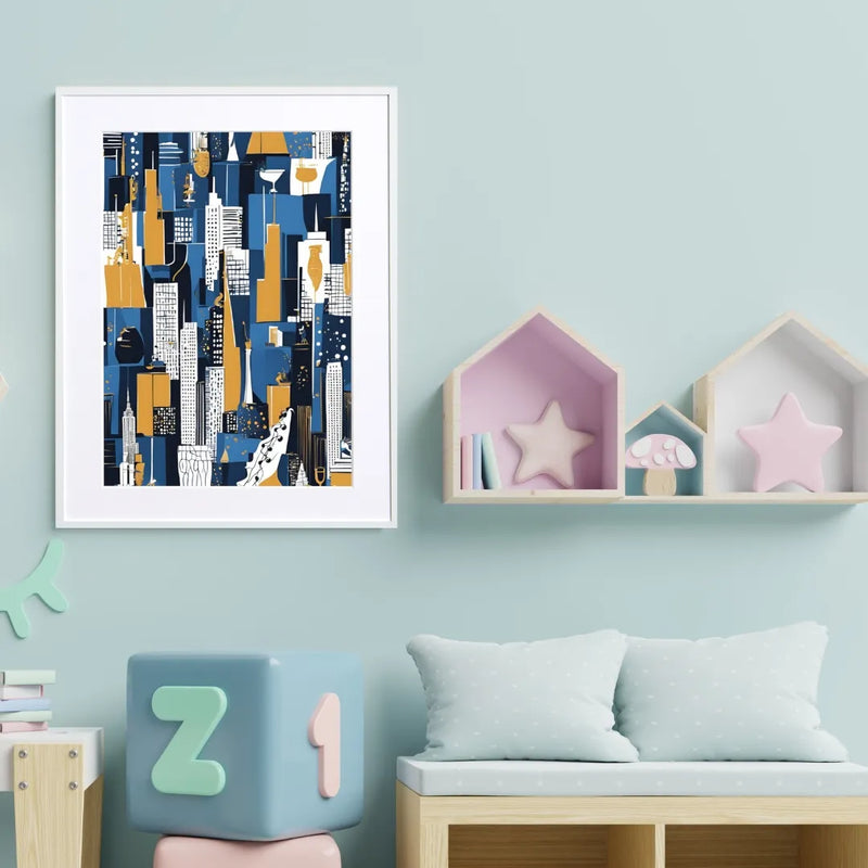 ニューヨークの摩天楼をブルーとイエローで描いた抽象的アートポスター『Abstract NYC』Fancy Art Select｜都会的でスタイリッシュなイラスト
