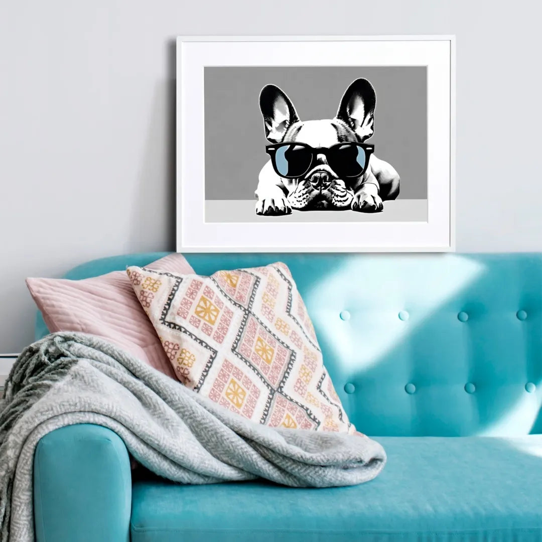 サングラスをかけたモノクロのフレンチブルドッグアートポスター