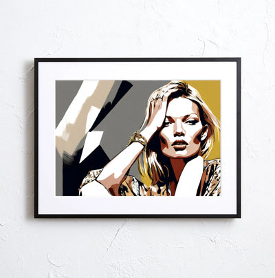 モノトーン×ゴールドの「ケイト・モス」のポートレート・イラスト『Legend Kate Moss』｜Fancy Art Select｜凛とした表情が空間を引き締めるモードアート