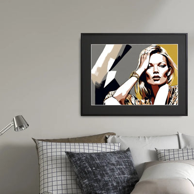 モノトーン×ゴールドの「ケイト・モス」のポートレート・イラスト『Legend Kate Moss』｜Fancy Art Select｜凛とした表情が空間を引き締めるモードアート