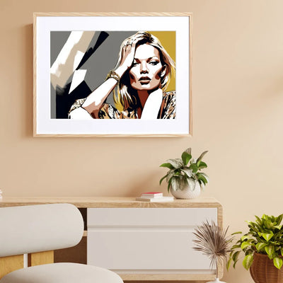 モノトーン×ゴールドの「ケイト・モス」のポートレート・イラスト『Legend Kate Moss』｜Fancy Art Select｜凛とした表情が空間を引き締めるモードアート