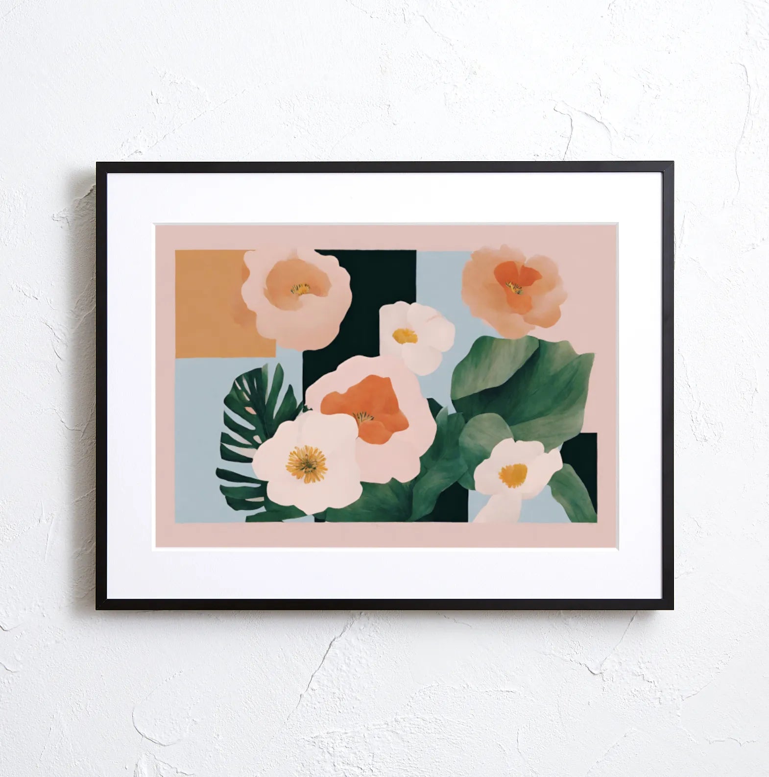 淡いピンクの花と深緑の葉を幾何学構成で描いた上品なボタニカルアート『Halcyon』Fancy Art Select｜北欧シンプルに合うデジタルポスター