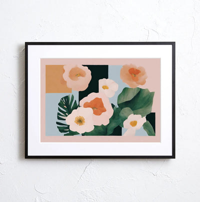 淡いピンクの花と深緑の葉を幾何学構成で描いた上品なボタニカルアート『Halcyon』Fancy Art Select｜北欧シンプルに合うデジタルポスター