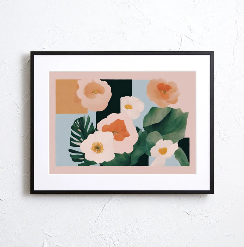 淡いピンクの花と深緑の葉を幾何学構成で描いた上品なボタニカルアート『Halcyon』Fancy Art Select｜北欧シンプルに合うデジタルポスター