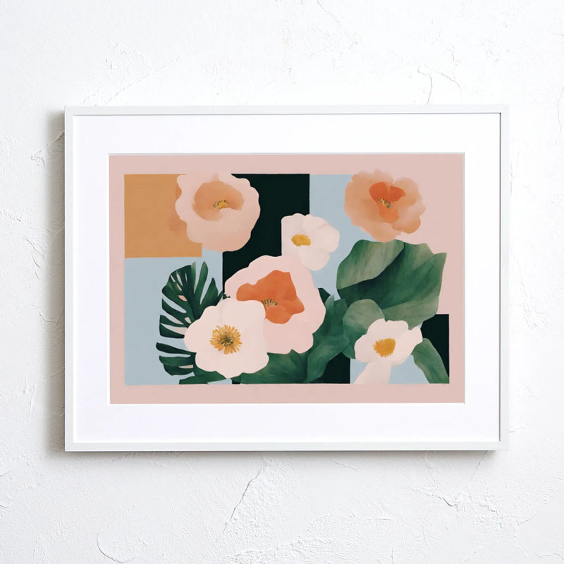 淡いピンクの花と深緑の葉を幾何学構成で描いた上品なボタニカルアート『Halcyon』Fancy Art Select｜北欧シンプルに合うデジタルポスター