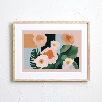 淡いピンクの花と深緑の葉を幾何学構成で描いた上品なボタニカルアート『Halcyon』Fancy Art Select｜北欧シンプルに合うデジタルポスター