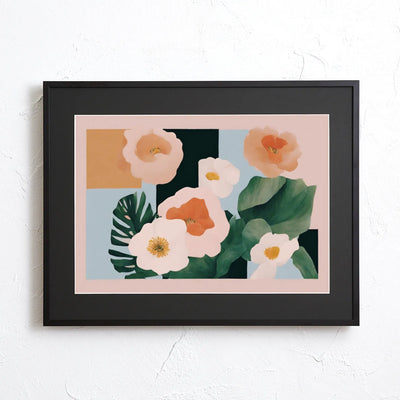 淡いピンクの花と深緑の葉を幾何学構成で描いた上品なボタニカルアート『Halcyon』Fancy Art Select｜北欧シンプルに合うデジタルポスター