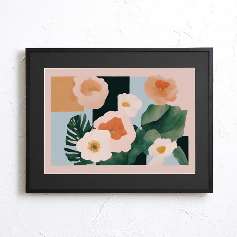淡いピンクの花と深緑の葉を幾何学構成で描いた上品なボタニカルアート『Halcyon』Fancy Art Select｜北欧シンプルに合うデジタルポスター