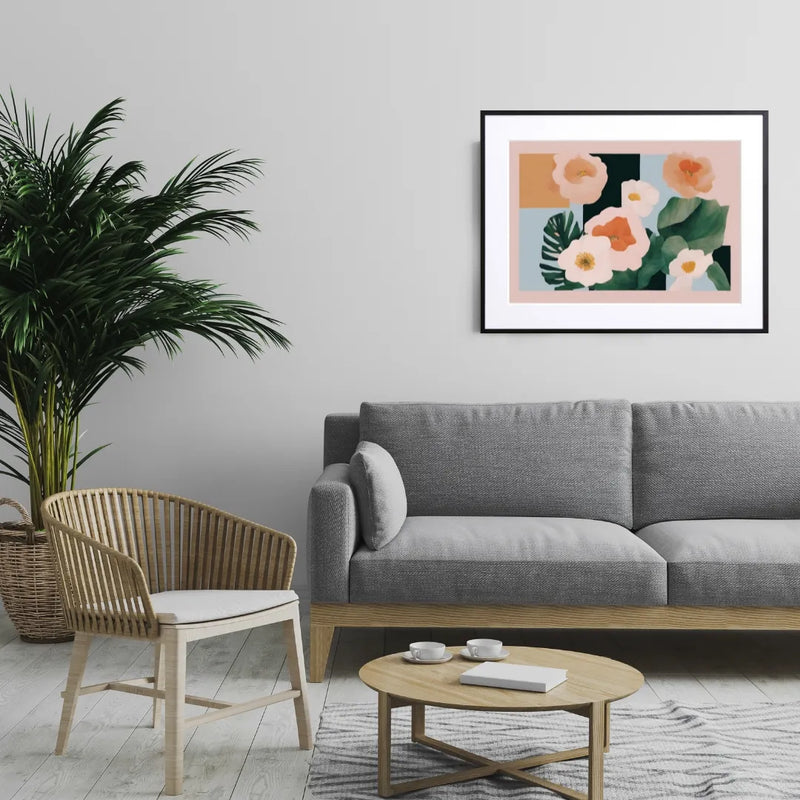 淡いピンクの花と深緑の葉を幾何学構成で描いた上品なボタニカルアート『Halcyon』Fancy Art Select｜北欧シンプルに合うデジタルポスター