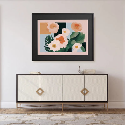 淡いピンクの花と深緑の葉を幾何学構成で描いた上品なボタニカルアート『Halcyon』Fancy Art Select｜北欧シンプルに合うデジタルポスター