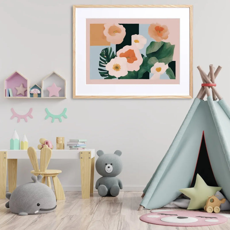 淡いピンクの花と深緑の葉を幾何学構成で描いた上品なボタニカルアート『Halcyon』Fancy Art Select｜北欧シンプルに合うデジタルポスター