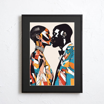 幾何学的な色面で二人が向き合う姿を描いた抽象ポップアート『Truth』｜Fancy Art Select｜ブルーとオレンジが映えるデジタルイラスト