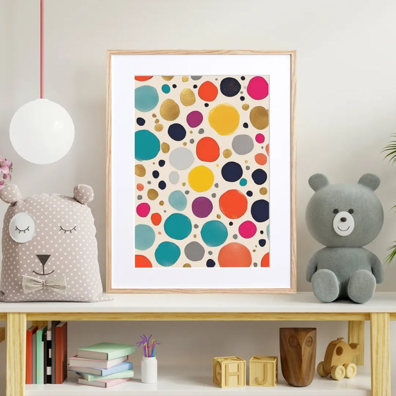 色とりどりのドット（水玉）とゴールド風の粒がランダムに並ぶアートポスター『Colorful Dots Harmony』｜Fancy Art Select｜ポップなデジタルイラスト