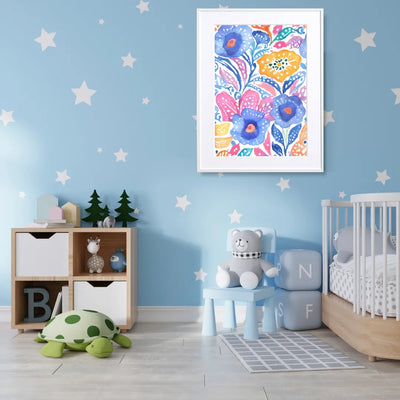 水彩風のタッチでブルー・ピンク・イエローの花と葉のアートポスター『Delight』｜Fancy Art Select｜鮮やかに描いたカラフルなフラワーデザイン