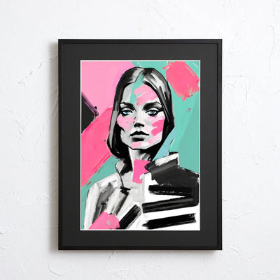 ミントグリーンとピンクの大胆な色使いで描いたモダンな女性ポートレート『Mirthful』｜Fancy Art Select｜抽象的な雰囲気がおしゃれなアートポスター