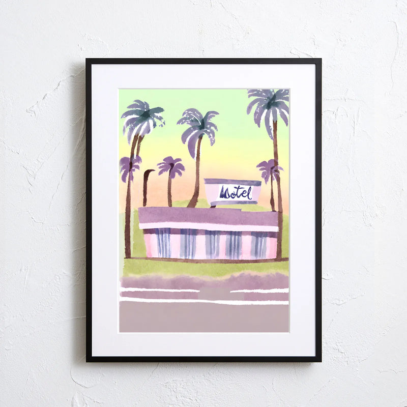 パステルカラーでヤシの木に囲まれたレトロなモーテルを描くイラストアートポスター『MOTEL』｜Fancy Art Select｜ポップで爽やかなデザイン