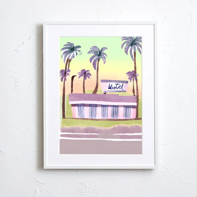 パステルカラーでヤシの木に囲まれたレトロなモーテルを描くイラストアートポスター『MOTEL』｜Fancy Art Select｜ポップで爽やかなデザイン