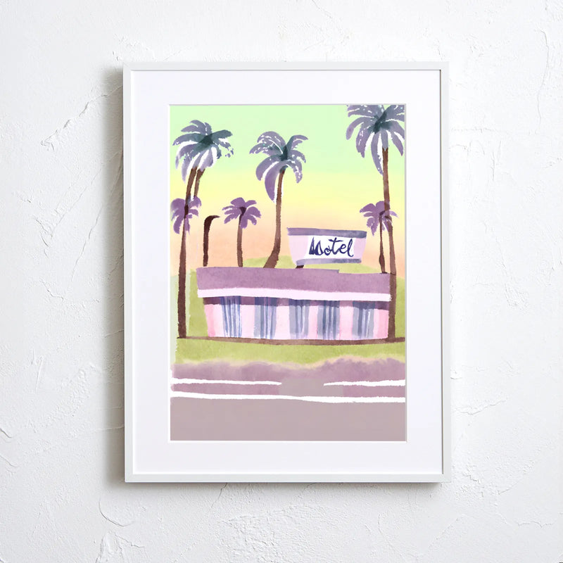 パステルカラーでヤシの木に囲まれたレトロなモーテルを描くイラストアートポスター『MOTEL』｜Fancy Art Select｜ポップで爽やかなデザイン