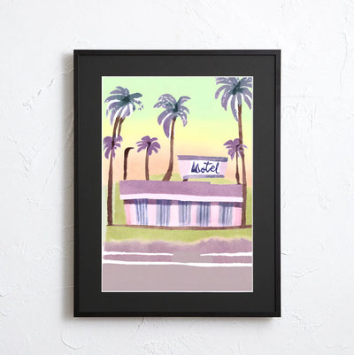 パステルカラーでヤシの木に囲まれたレトロなモーテルを描くイラストアートポスター『MOTEL』｜Fancy Art Select｜ポップで爽やかなデザイン