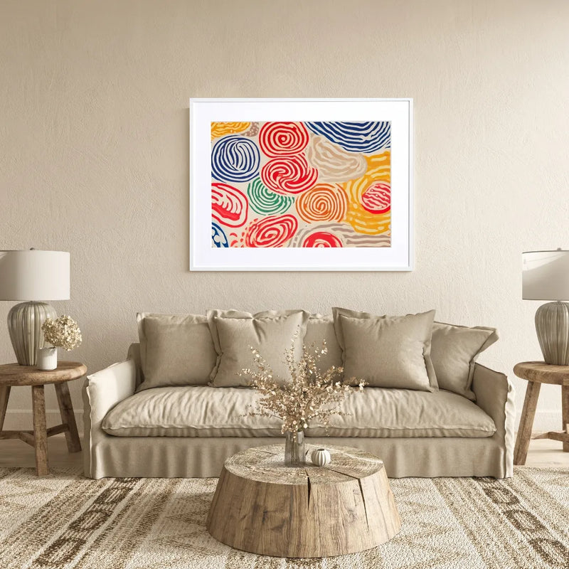 色とりどりの渦模様でラーメンの麺線を連想させる抽象ポップアート『RAMEN』｜Fancy Art Select｜キッチンや店舗に映える1枚