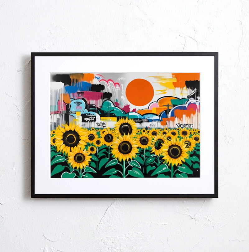 グラフィティの街並みと大きな太陽を背景に、ひまわり畑をビビッドに描いたポップアート『ひまわりと都市の共鳴』｜Fancy Art Select｜クールなアートポスター