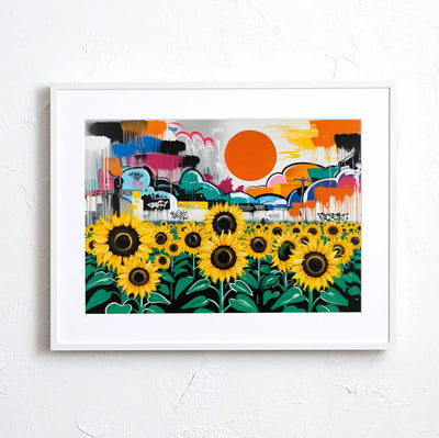 グラフィティの街並みと大きな太陽を背景に、ひまわり畑をビビッドに描いたポップアート『ひまわりと都市の共鳴』｜Fancy Art Select｜クールなアートポスター
