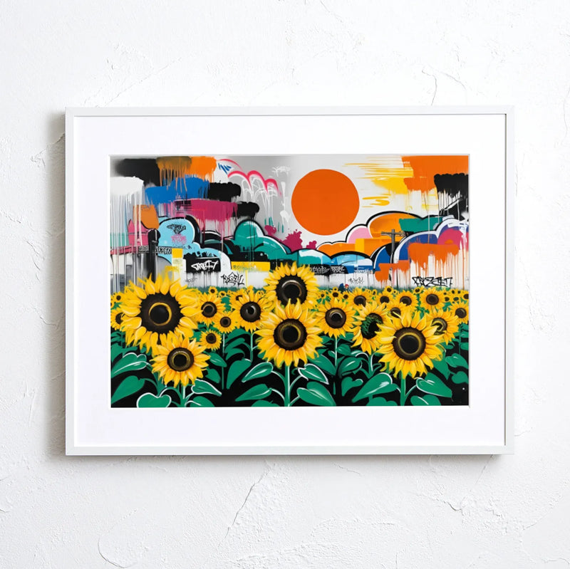 グラフィティの街並みと大きな太陽を背景に、ひまわり畑をビビッドに描いたポップアート『ひまわりと都市の共鳴』｜Fancy Art Select｜クールなアートポスター