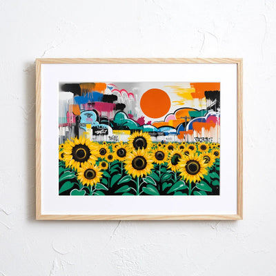 グラフィティの街並みと大きな太陽を背景に、ひまわり畑をビビッドに描いたポップアート『ひまわりと都市の共鳴』｜Fancy Art Select｜クールなアートポスター