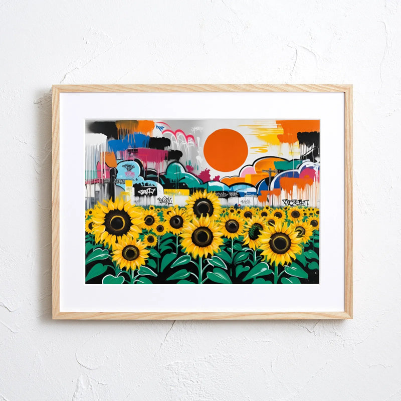 グラフィティの街並みと大きな太陽を背景に、ひまわり畑をビビッドに描いたポップアート『ひまわりと都市の共鳴』｜Fancy Art Select｜クールなアートポスター