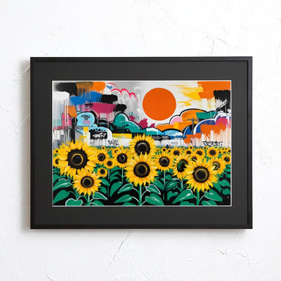 グラフィティの街並みと大きな太陽を背景に、ひまわり畑をビビッドに描いたポップアート『ひまわりと都市の共鳴』｜Fancy Art Select｜クールなアートポスター