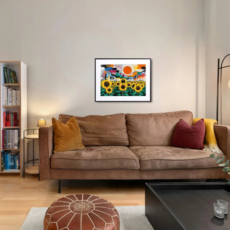 グラフィティの街並みと大きな太陽を背景に、ひまわり畑をビビッドに描いたポップアート『ひまわりと都市の共鳴』｜Fancy Art Select｜クールなアートポスター