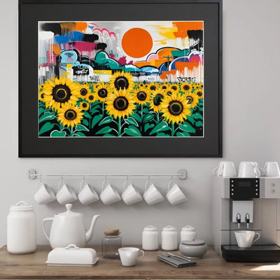 グラフィティの街並みと大きな太陽を背景に、ひまわり畑をビビッドに描いたポップアート『ひまわりと都市の共鳴』｜Fancy Art Select｜クールなアートポスター