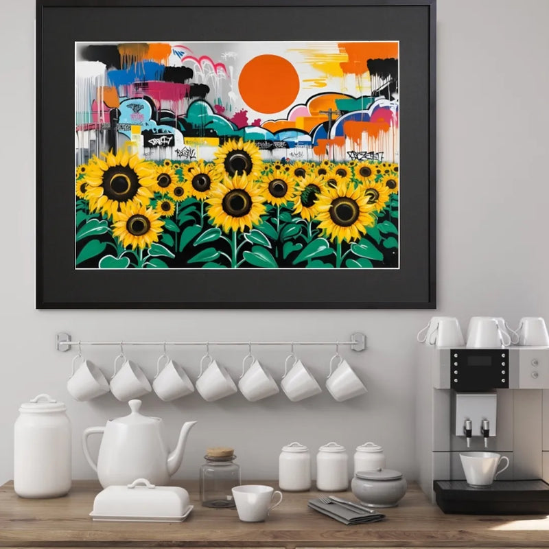 グラフィティの街並みと大きな太陽を背景に、ひまわり畑をビビッドに描いたポップアート『ひまわりと都市の共鳴』｜Fancy Art Select｜クールなアートポスター