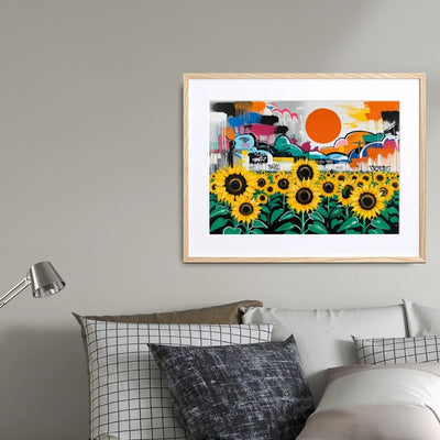 グラフィティの街並みと大きな太陽を背景に、ひまわり畑をビビッドに描いたポップアート『ひまわりと都市の共鳴』｜Fancy Art Select｜クールなアートポスター