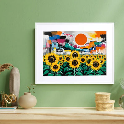 グラフィティの街並みと大きな太陽を背景に、ひまわり畑をビビッドに描いたポップアート『ひまわりと都市の共鳴』｜Fancy Art Select｜クールなアートポスター