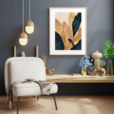 深いネイビーとゴールドの葉脈を描いたボタニカルアートポスター 『Golden Veins』｜Fancy Art Select｜上質感を添える一枚