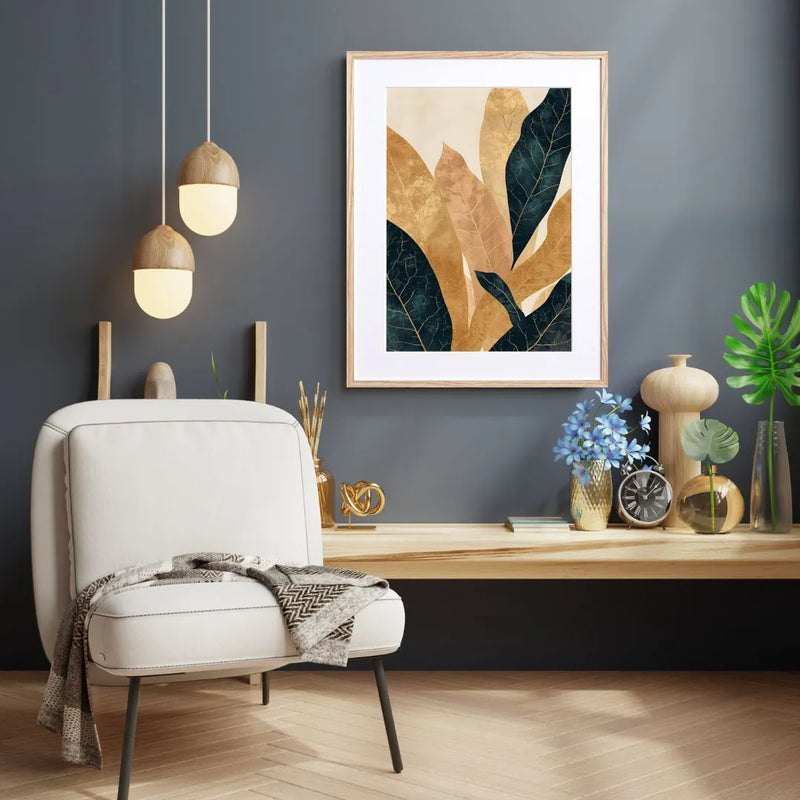 深いネイビーとゴールドの葉脈を描いたボタニカルアートポスター 『Golden Veins』｜Fancy Art Select｜上質感を添える一枚