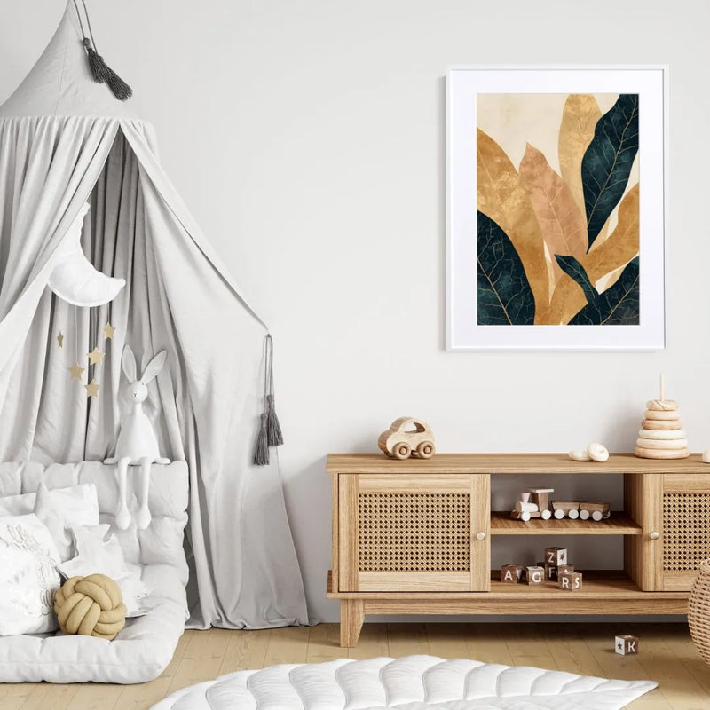 深いネイビーとゴールドの葉脈を描いたボタニカルアートポスター 『Golden Veins』｜Fancy Art Select｜上質感を添える一枚