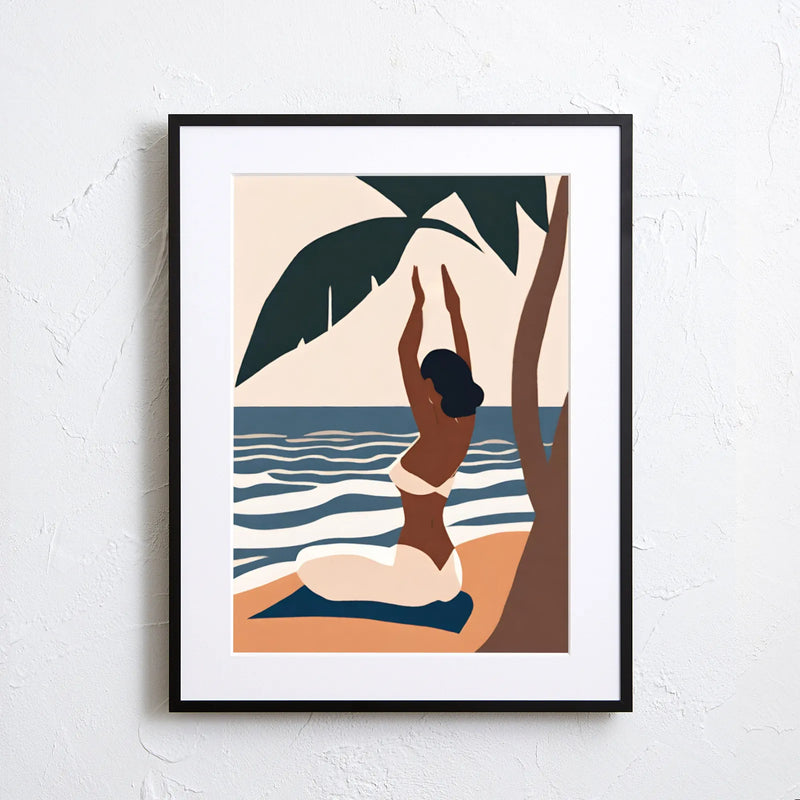海辺でヨガをする女性を描いたミニマルイラスト『 Morning Alignment 』｜Fancy Art Select｜南国の朝を感じる癒しのアート