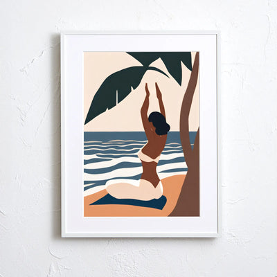 海辺でヨガをする女性を描いたミニマルイラスト『 Morning Alignment 』｜Fancy Art Select｜南国の朝を感じる癒しのアート