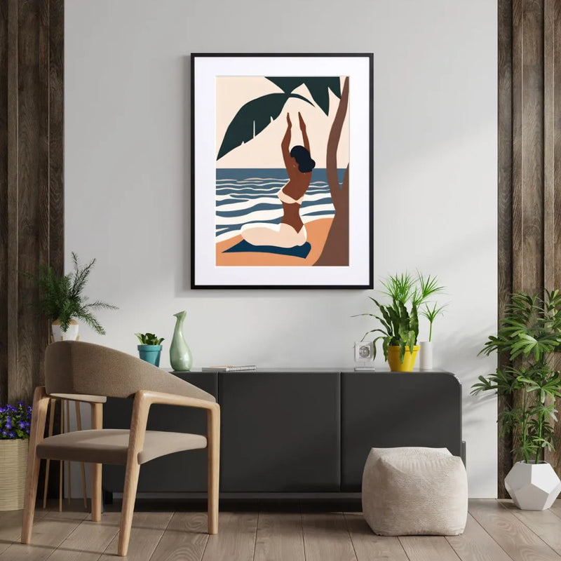 海辺でヨガをする女性を描いたミニマルイラスト『 Morning Alignment 』｜Fancy Art Select｜南国の朝を感じる癒しのアート