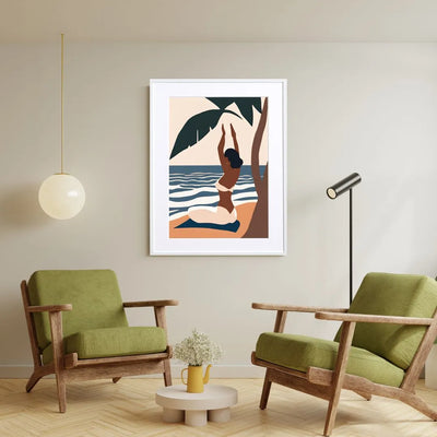 海辺でヨガをする女性を描いたミニマルイラスト『 Morning Alignment 』｜Fancy Art Select｜南国の朝を感じる癒しのアート