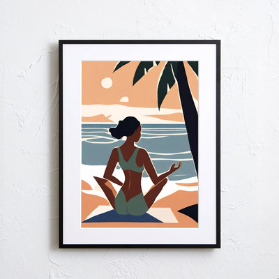 海辺で瞑想をする女性を描いたイラスト 『Serenity Flow』｜ Fancy Art Select｜ 穏やかな時間を感じる癒しのアート