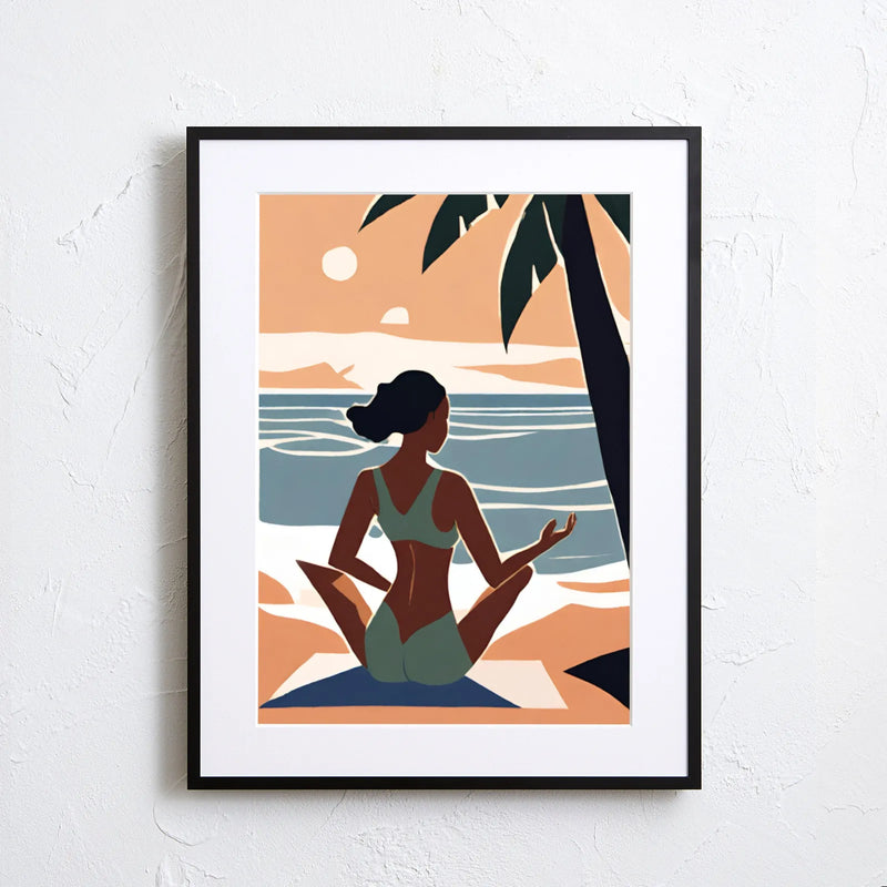 海辺で瞑想をする女性を描いたイラスト 『Serenity Flow』｜ Fancy Art Select｜ 穏やかな時間を感じる癒しのアート