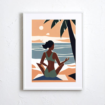 海辺で瞑想をする女性を描いたイラスト 『Serenity Flow』｜ Fancy Art Select｜ 穏やかな時間を感じる癒しのアート