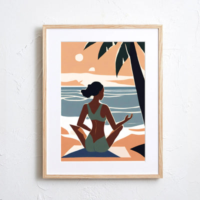 海辺で瞑想をする女性を描いたイラスト 『Serenity Flow』｜ Fancy Art Select｜ 穏やかな時間を感じる癒しのアート