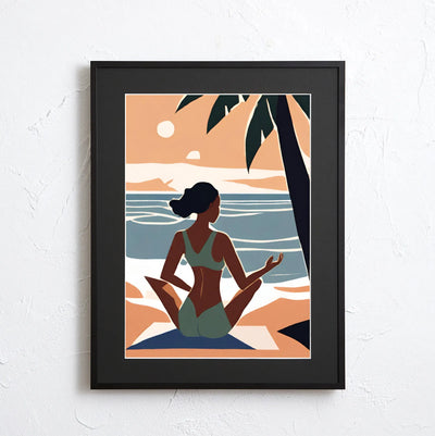 海辺で瞑想をする女性を描いたイラスト 『Serenity Flow』｜ Fancy Art Select｜ 穏やかな時間を感じる癒しのアート