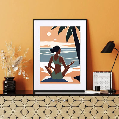 海辺で瞑想をする女性を描いたイラスト 『Serenity Flow』｜ Fancy Art Select｜ 穏やかな時間を感じる癒しのアート